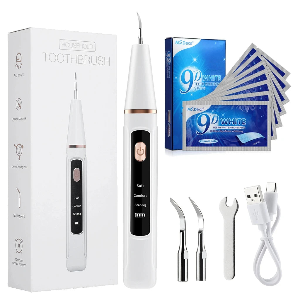 Ultrasonic Dental Calculus Remover and 9D Teeth Whitening Strips Plaque Scaler Tartar Eliminator Electric Tooth Cleaner Set