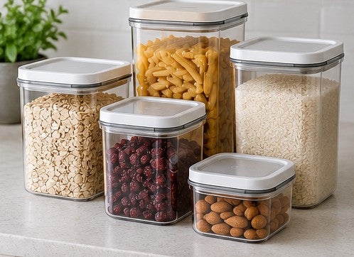 Clear airtight containers filled with dry pantry foods