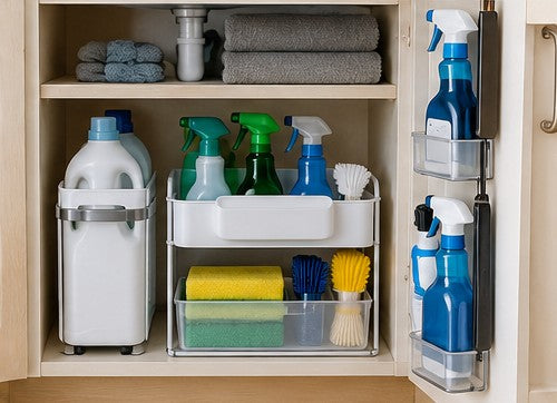 Cleaning bottles and brushes organized in a small under-sink cabinet