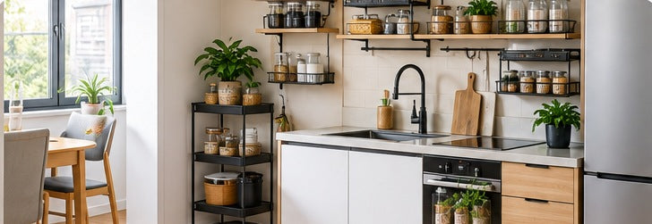Small apartment kitchen with wall shelves and compact storage