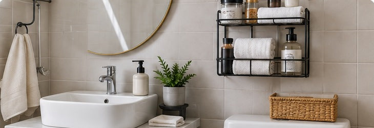 Bathroom without cabinets with wall shelf, towels and baskets