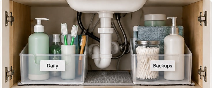 Organized small bathroom vanity with waterproof bins around sink plumbing