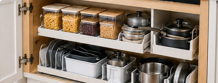 Organized deep kitchen cabinet with pull-out shelves, containers and cookware