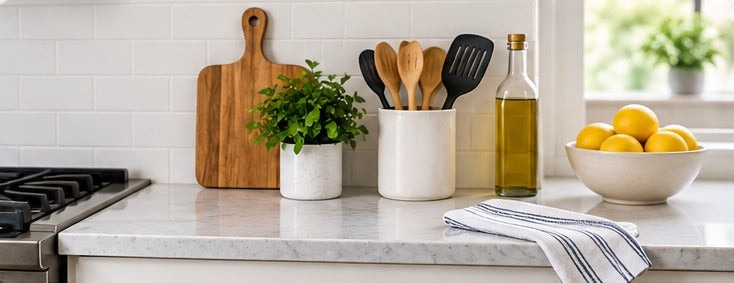 Decluttered kitchen counter with organized everyday essentials