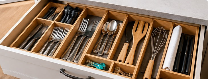 Open kitchen drawer with wooden dividers and neatly arranged utensils