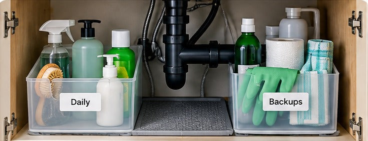 Kitchen under-sink cabinet with cleaning supplies arranged around plumbing