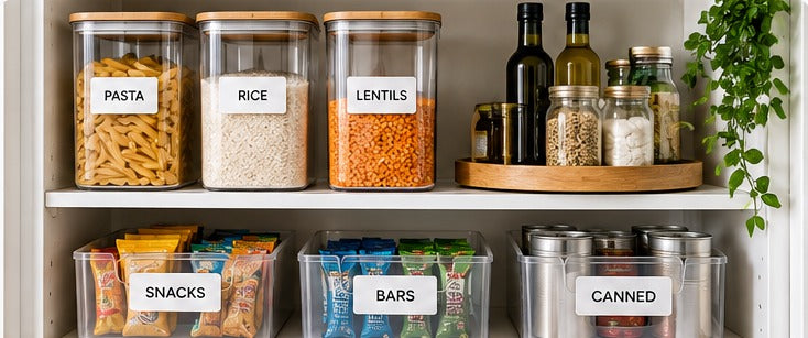 Small organized pantry with clear labeled containers