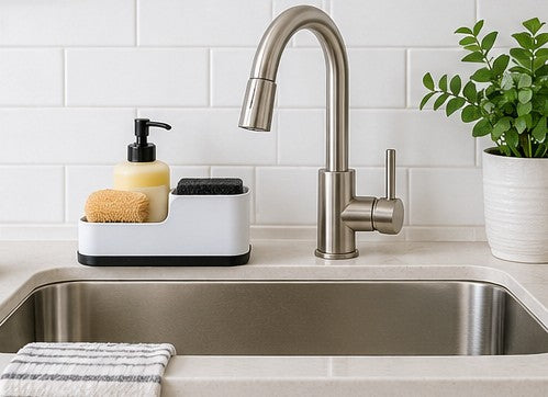 Clean kitchen sink with faucet, sponge caddy and soap dispenser