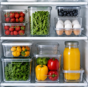 Organized refrigerator with clear food containers and visible produce