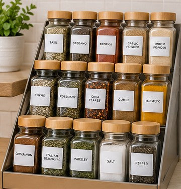 Labeled spice jars arranged on a tiered kitchen spice rack