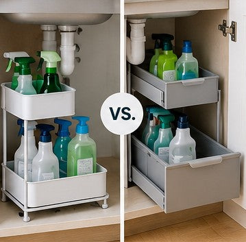 Side-by-side under-sink removable organizer and pull-out storage shelf