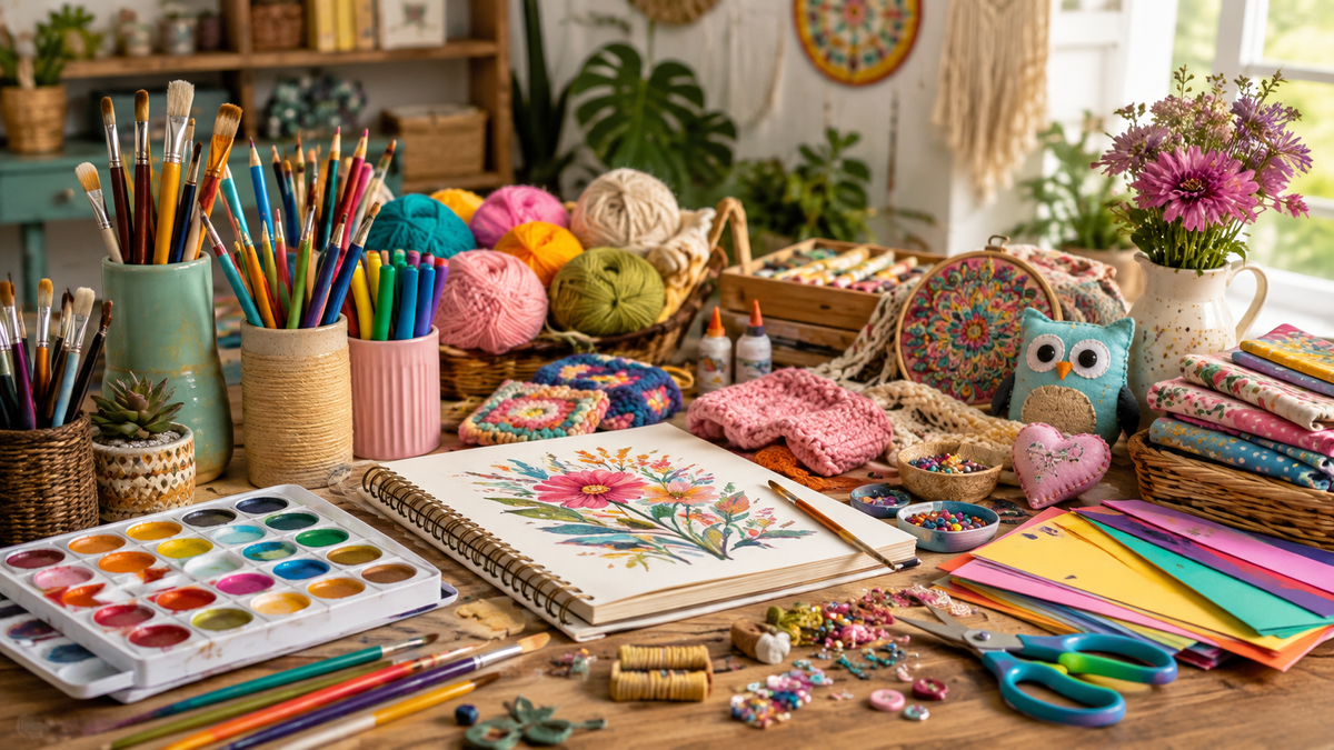 Arts crafts and hobbies supplies with paint brushes, watercolors, sketchbook, colored pencils, yarn, fabric and beads