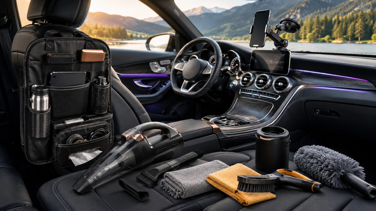 Automotive accessories with car organizer, phone mount, handheld vacuum, cleaning tools and interior essentials