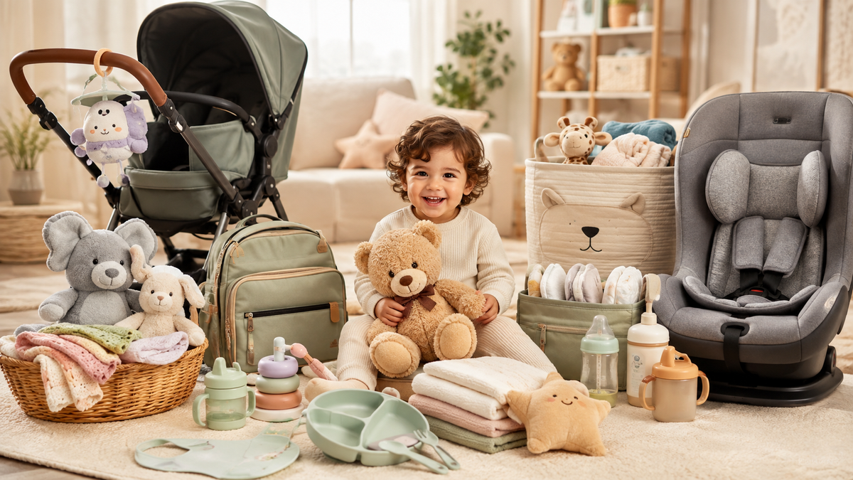 Baby and kids accessories with stroller, car seat, soft toys, feeding essentials, diaper bag and storage