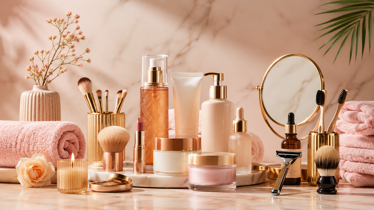 Beauty and personal care essentials with skincare, cosmetics, grooming tools and soft spa towels