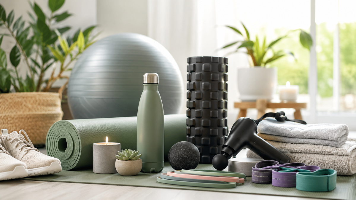 Health wellness and recovery essentials with yoga mat, foam roller, massage gun, resistance bands and water bottle