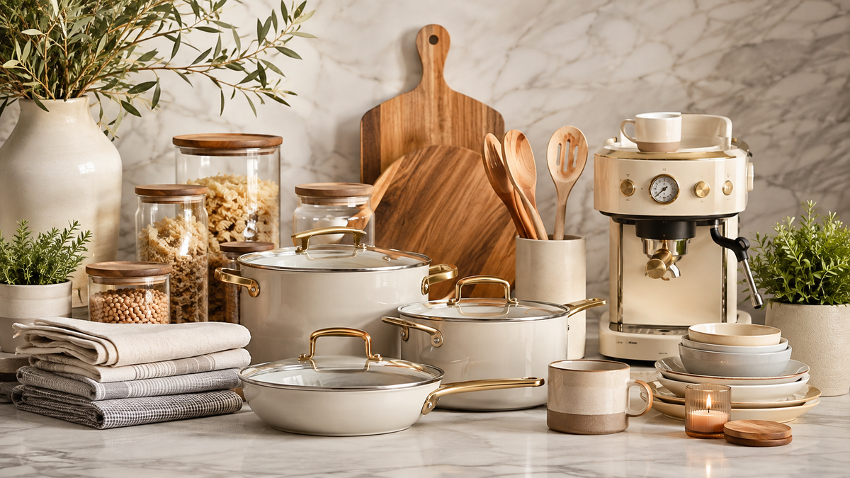 Modern home and kitchen essentials with cookware, utensils, storage jars and countertop appliances