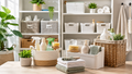 Home organization and cleaning essentials with storage baskets, organizers, cleaning bottles, brushes and folded towels