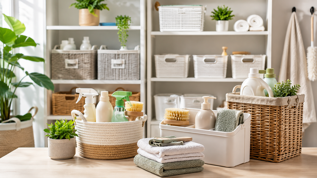 Home organization and cleaning essentials with storage baskets, organizers, cleaning bottles, brushes and folded towels