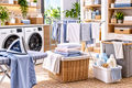 Laundry and fabric care accessories in a modern utility room