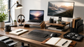Office and desk products with laptop, monitor, keyboard, mouse, planner, headphones and organized workspace accessories