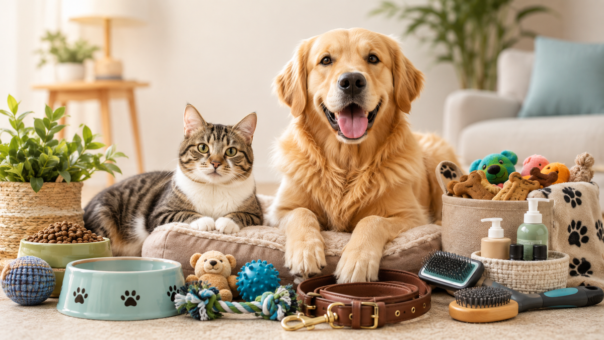 Pet supplies for dogs and cats including bowls, toys, grooming tools, leash and pet bed