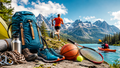 Sports and outdoor gear with backpack, running shoes, basketball, tennis racket and hiking equipment by a mountain lake