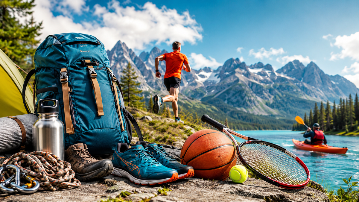 Sports and outdoor gear with backpack, running shoes, basketball, tennis racket and hiking equipment by a mountain lake