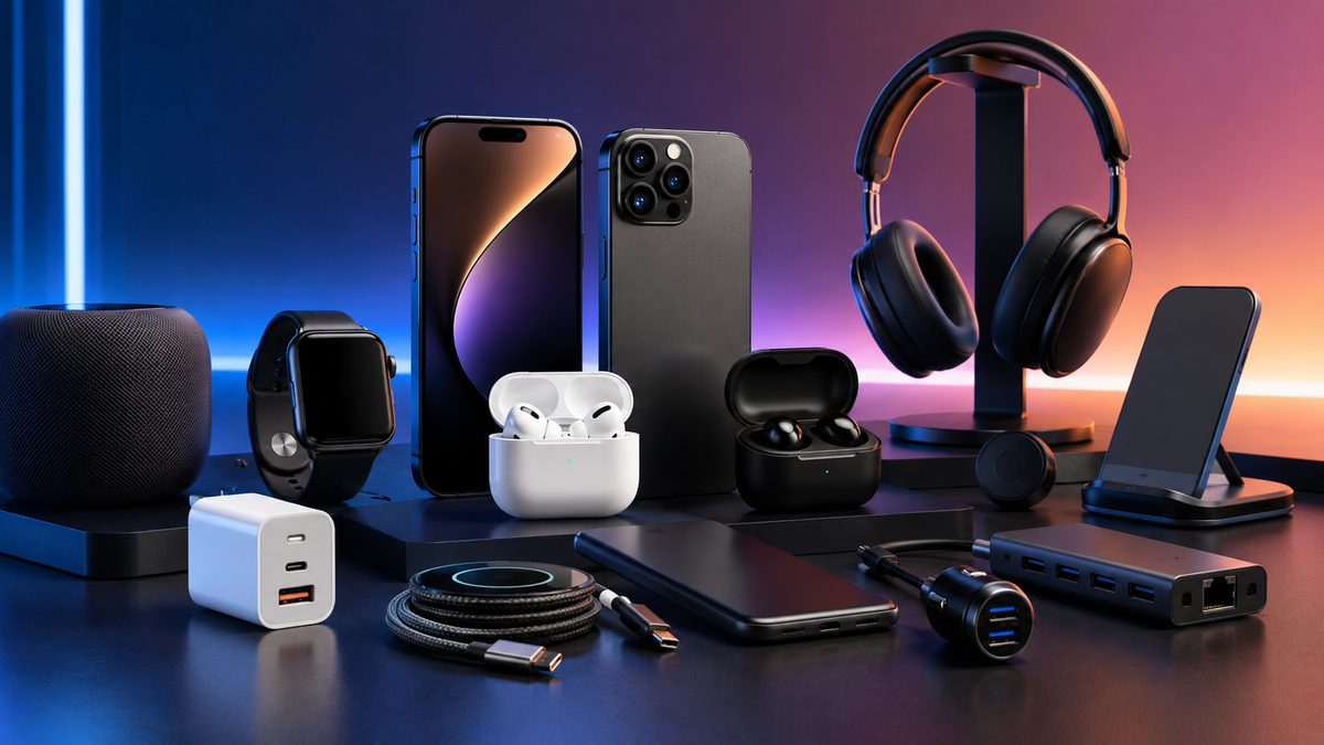 Tech and mobile accessories including smartphones, earbuds, chargers, smartwatch, cables and desktop gadgets