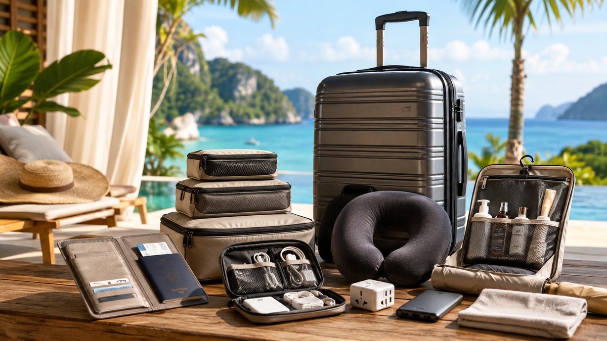 Travel accessories with luggage, packing cubes, passport holder, neck pillow, toiletry organizer and travel gadgets