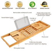 Extendable Bamboo Bathtub Caddy Tray with Book & Wine Holders