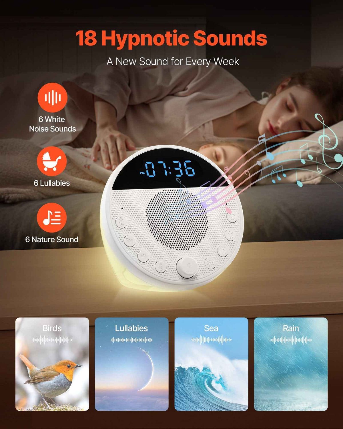 6-in-1 White Noise Sound Machine with 18 Sleep Sounds & 7-Color Night Light