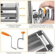 Stainless Steel Pasta Maker with 9 Thickness Settings