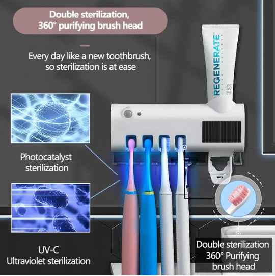 UV Toothbrush Sanitizer Holder & Automatic Toothpaste Dispenser