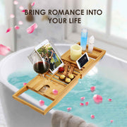 Extendable Bamboo Bathtub Caddy Tray with Book & Wine Holders