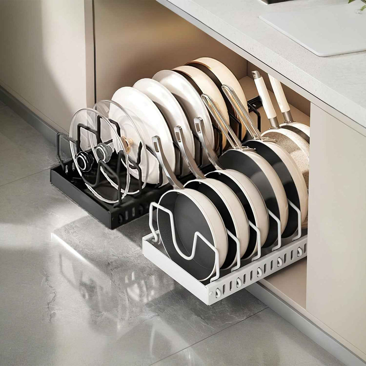 Pull-Out Pots and Pans Organizer with 8 Adjustable Dividers