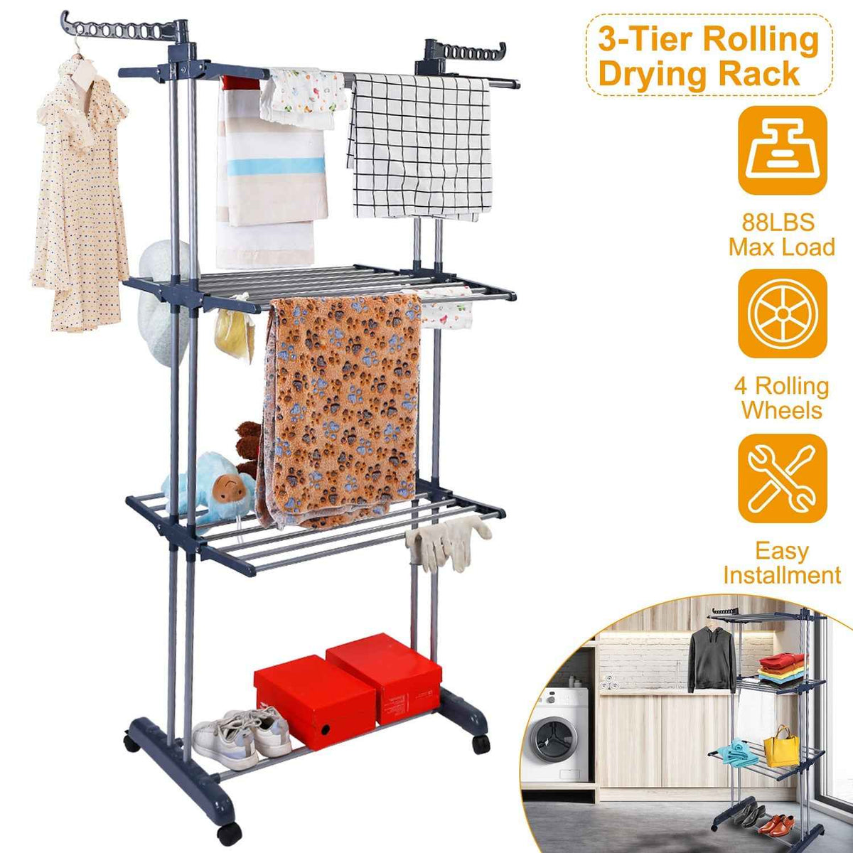 3-Tier Rolling Collapsible Clothes Drying Rack