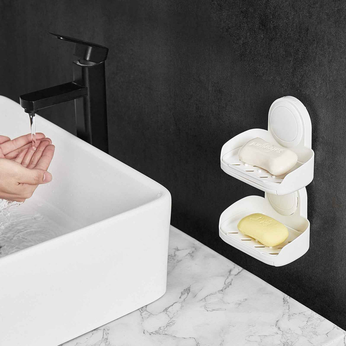Suction Cup Soap Dish with Double-Layer Drain Tray for Shower