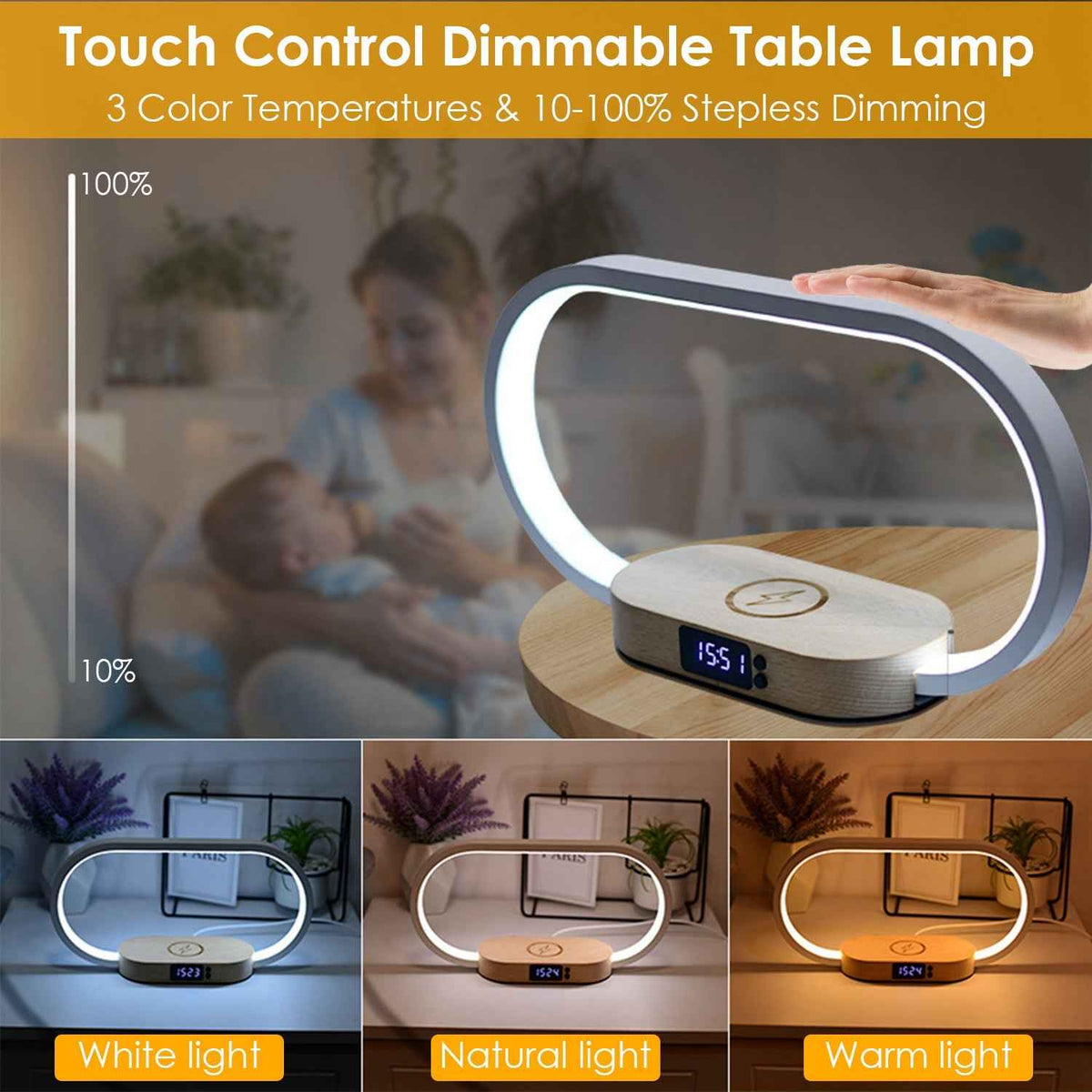 Modern Bedside Touch Control Table Lamp with Digital Clock & USB Charger