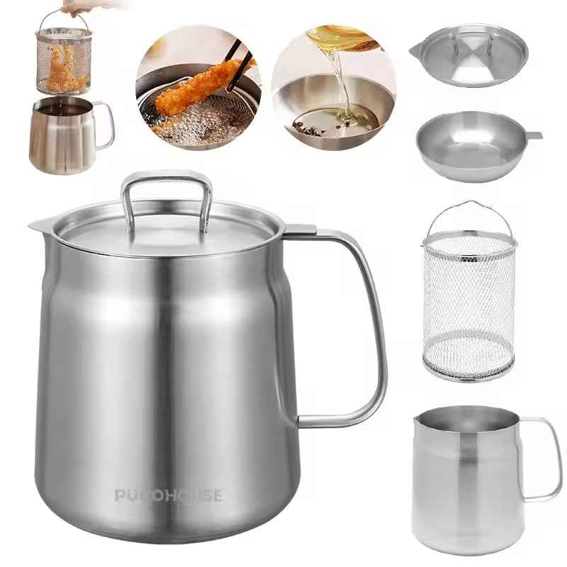 2L Stainless Steel Cooking Oil Storage Pot with Fine Mesh Strainer