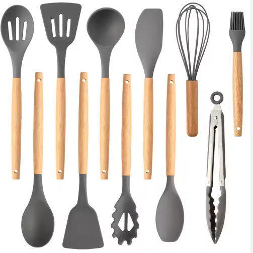 12-Piece Silicone Cooking Utensil Set with Wooden Handles