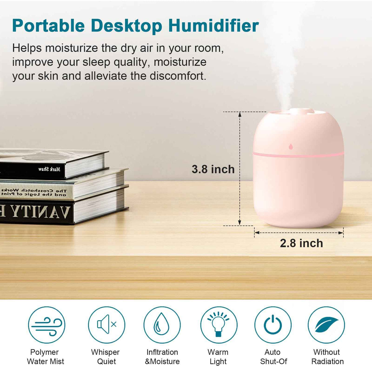 USB Portable Cool Mist Mini Desk Humidifier (220ml) with LED Light