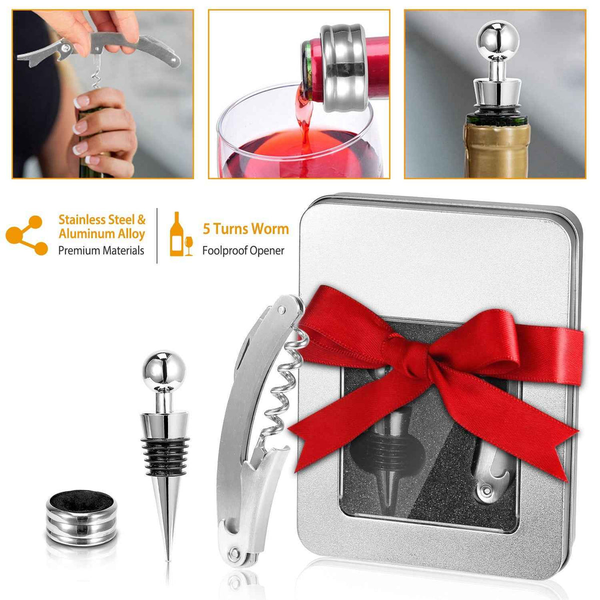 3-Piece Wine Opener Set: Corkscrew, Foil Cutter & Drip Collar Stopper