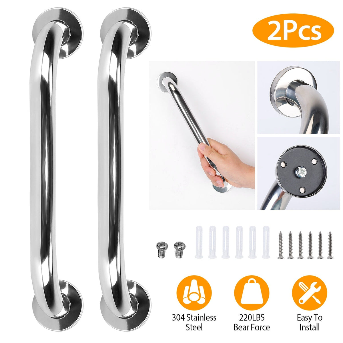 2-Pack Stainless Steel Bath Grab Bars 19.7 in