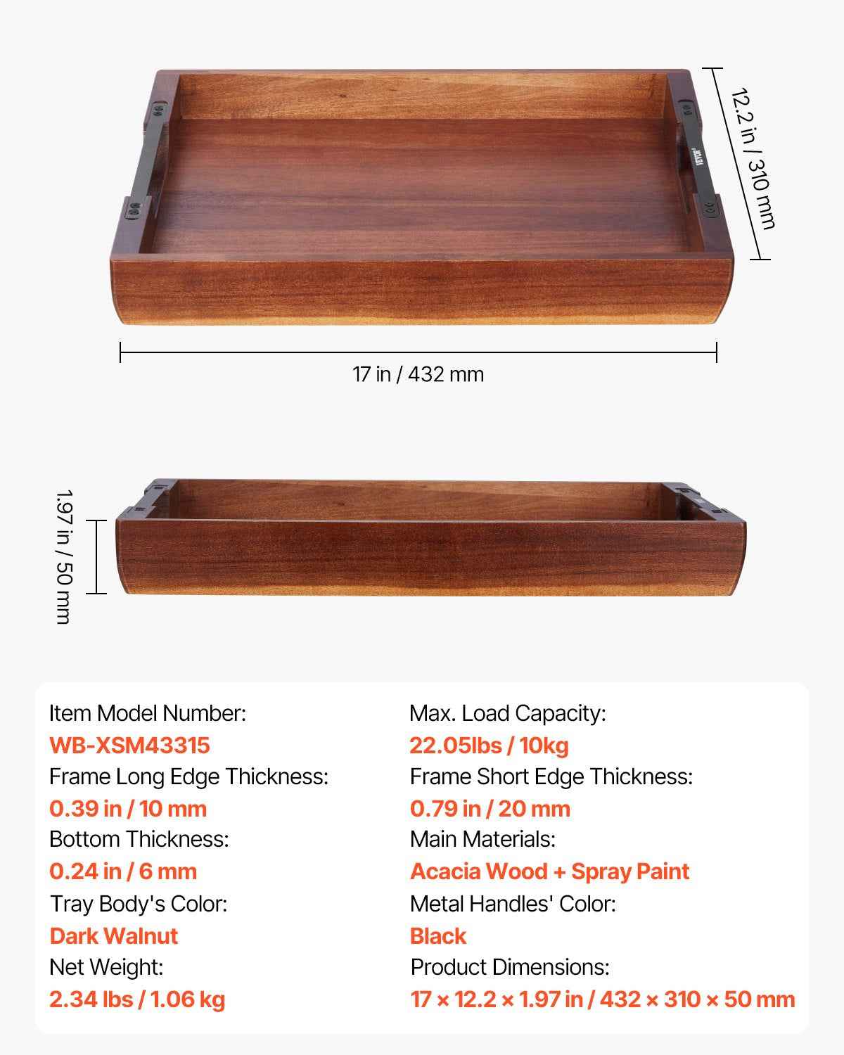 Acacia Wood Serving Tray 17" x 12" with Handles (Bath & Couch Caddy)