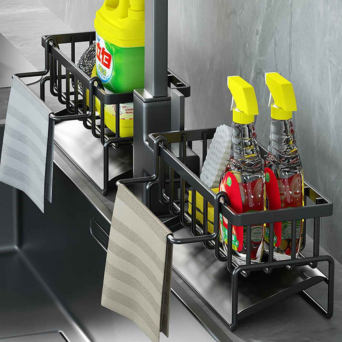 Kitchen Sink Caddy Basket with Sponge & Dishcloth Holder Drain Rack