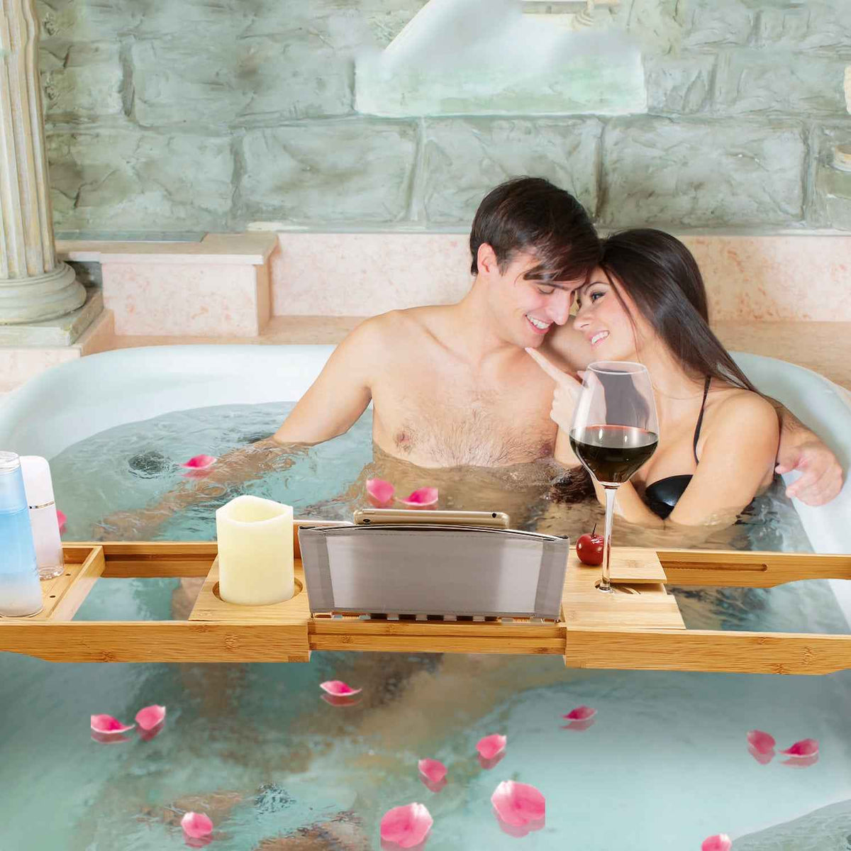 Extendable Bamboo Bathtub Caddy Tray with Book & Wine Holders
