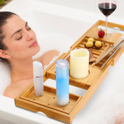Extendable Bamboo Bathtub Caddy Tray with Book & Wine Holders