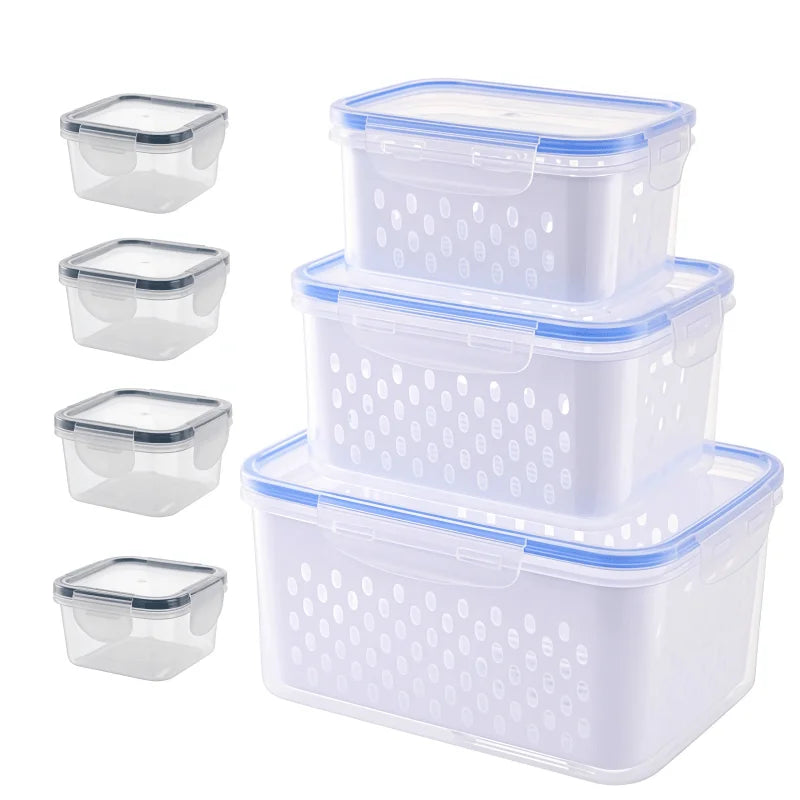 17 Piece  Food Storage Containers for Kitchen Organization Includes 7 Lids 7 Boxes 3 Drain Baskets Ideal for Fruits Vegetables
