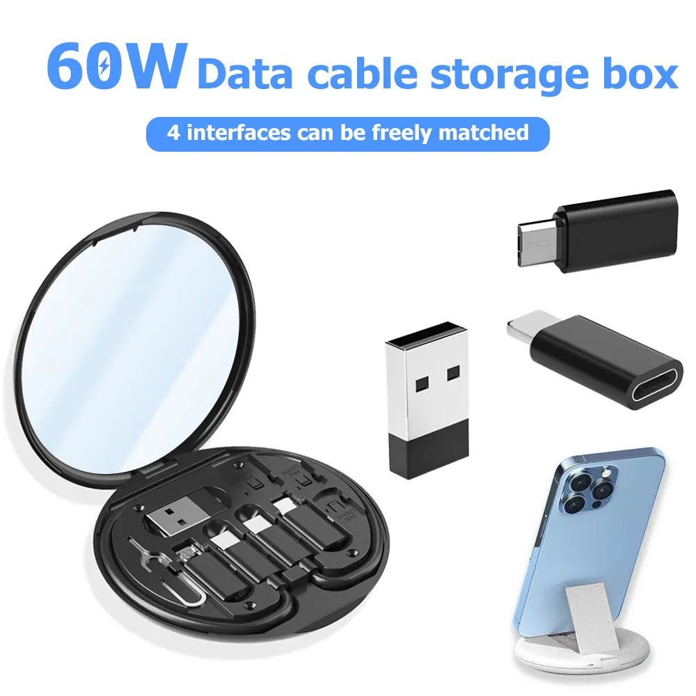 60W Fast Charging Mobile Phone Holder Multifunctional Portable Data Cable Storage Box Charging Cable Set For Traveling